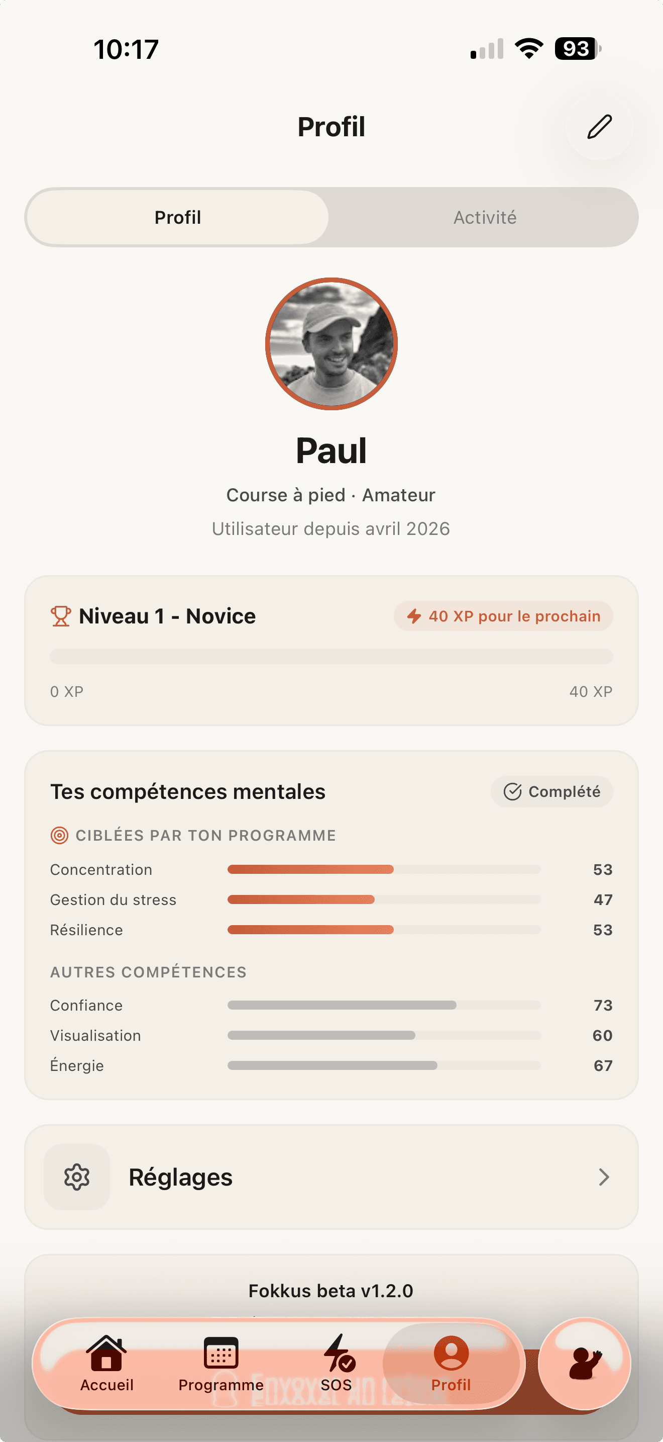 Écran du diagnostic mental Fokkus : questionnaire de préparation mentale