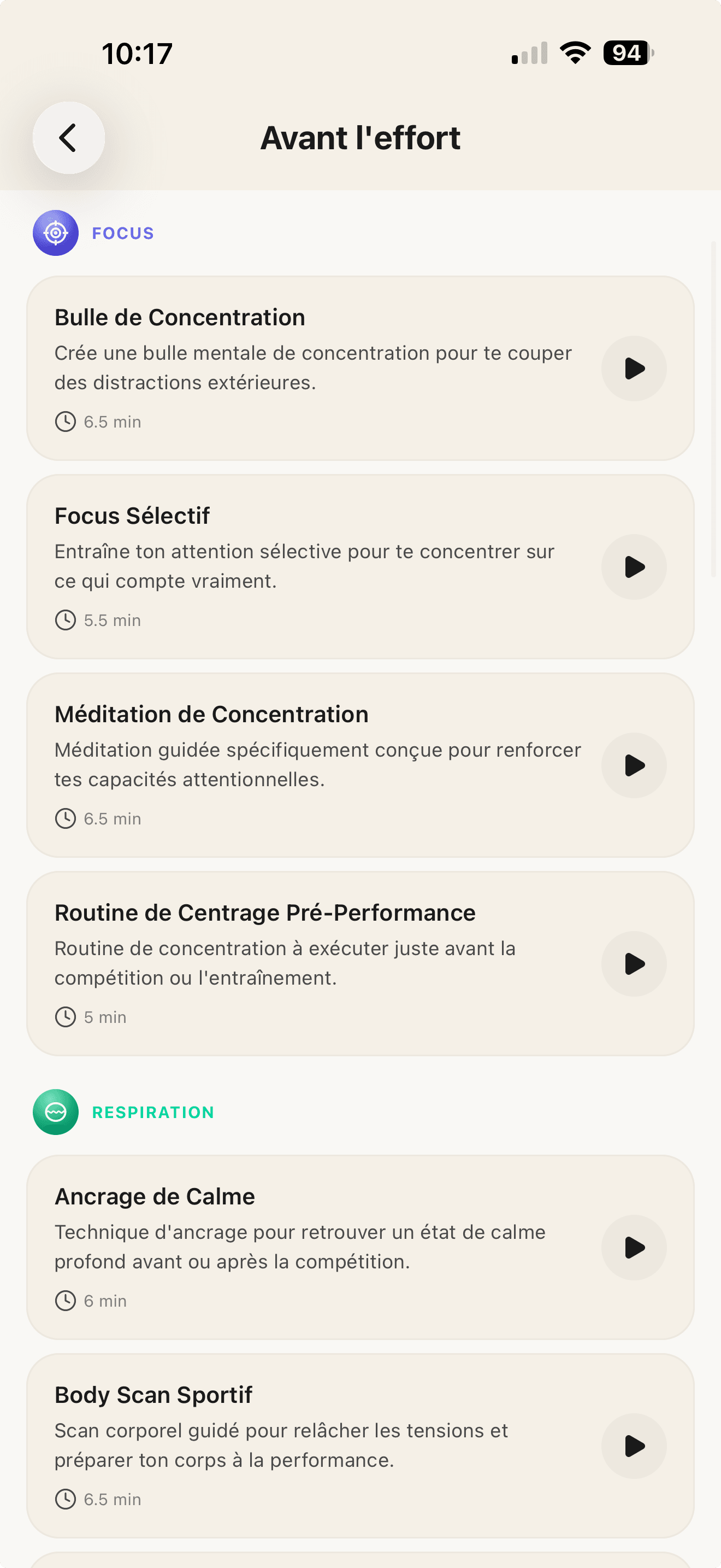 Écran des routines mentales Fokkus : respiration, visualisation, gestion du stress