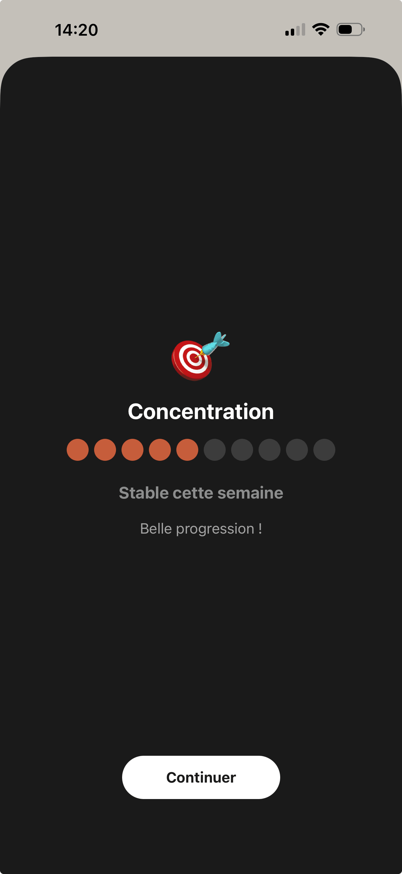 Dashboard de progression mentale Fokkus : scores de stress, concentration et confiance