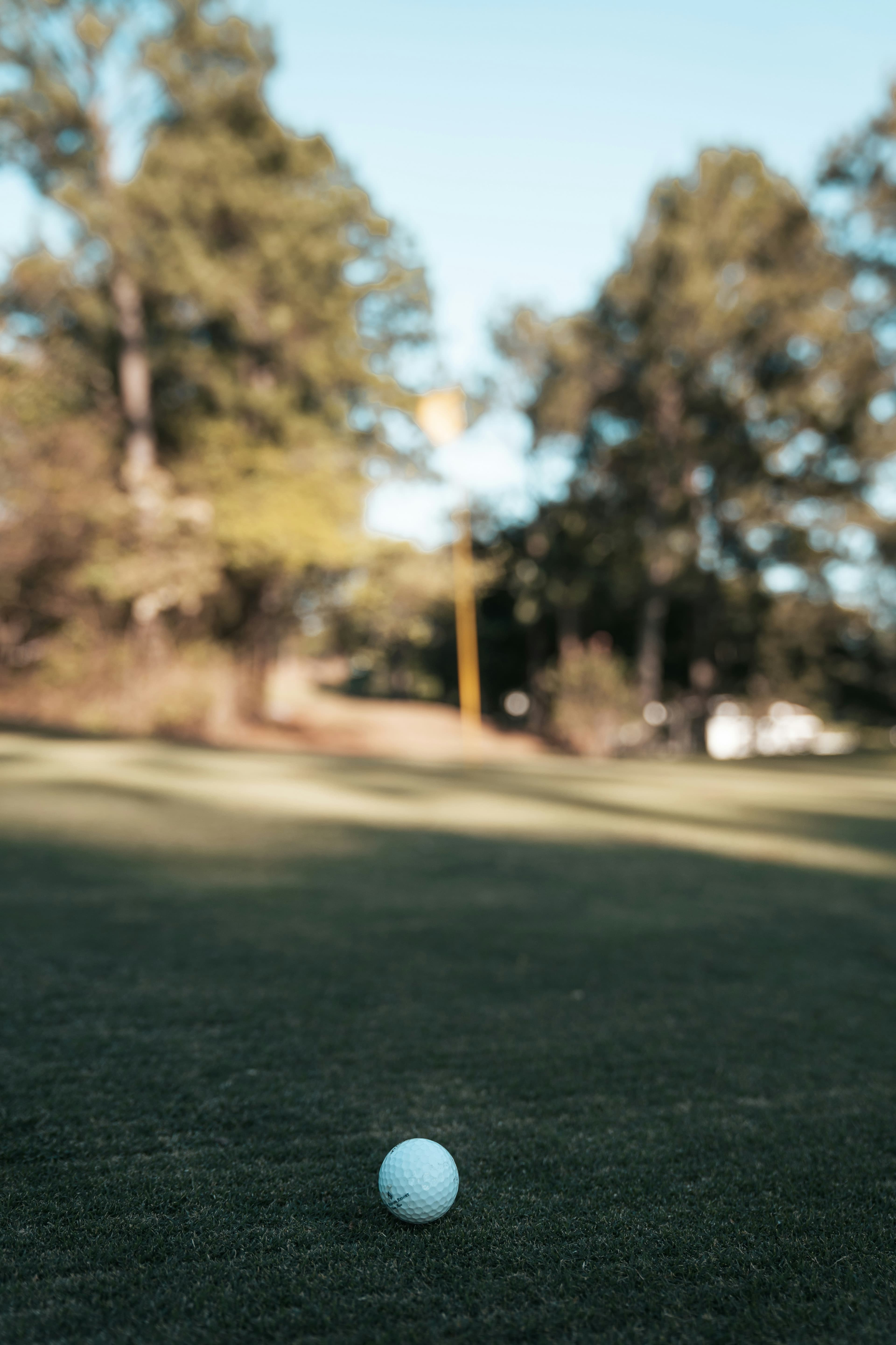 Balle de golf sur le green face au drapeau, focus avant le putt