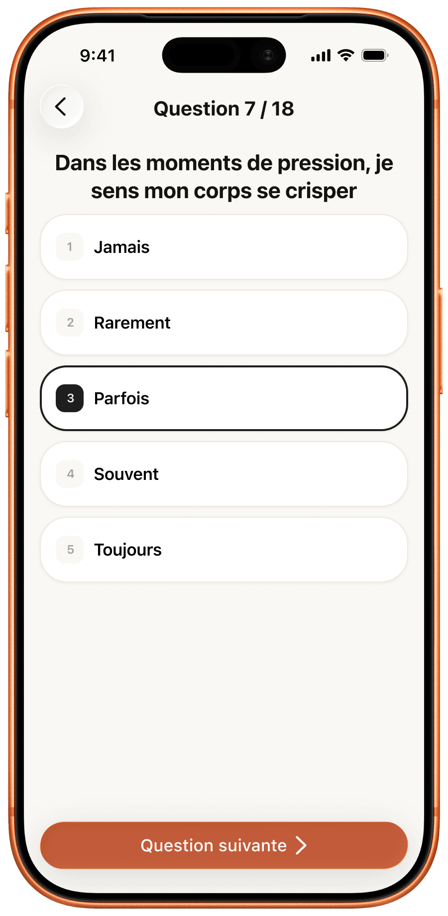 Écran d'évaluation Fokkus : question du test de compétences mentales avec échelle de réponse