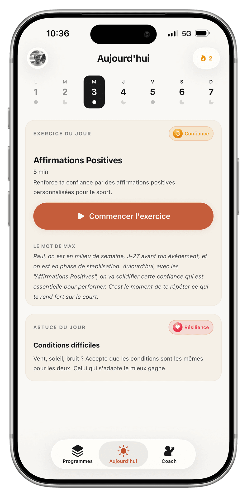 Écran Aujourd'hui Fokkus : programme ajusté aux données d'entraînement et au calendrier de compétition