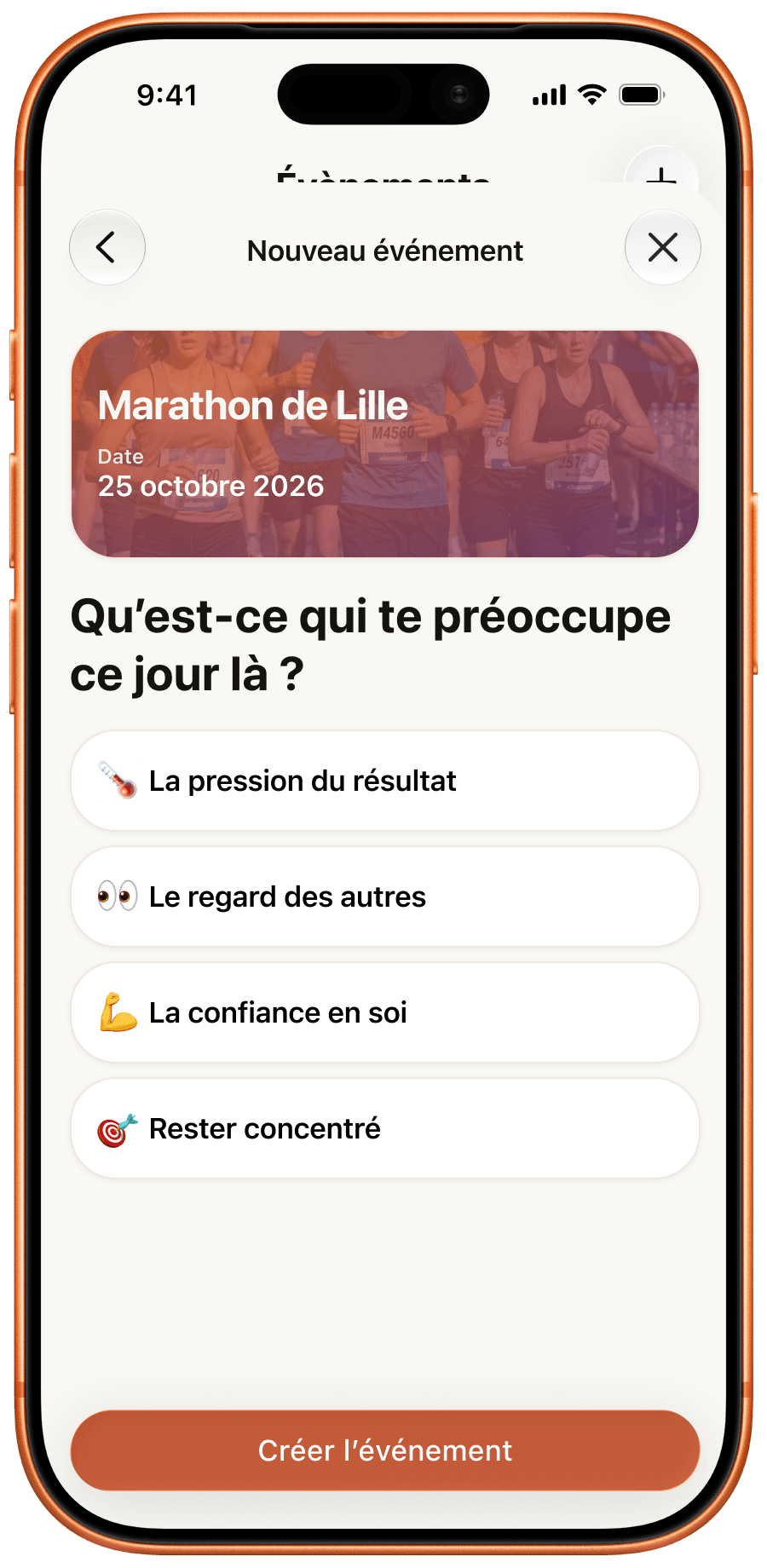 Écran Nouvel événement Fokkus : préparation mentale d'un marathon avec choix des préoccupations