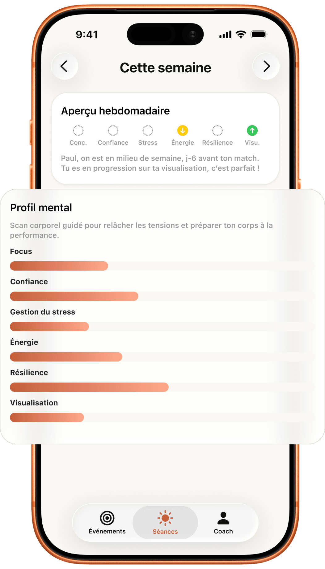 Écran Profil mental Fokkus : niveaux de concentration, confiance, gestion du stress, énergie, résilience et visualisation