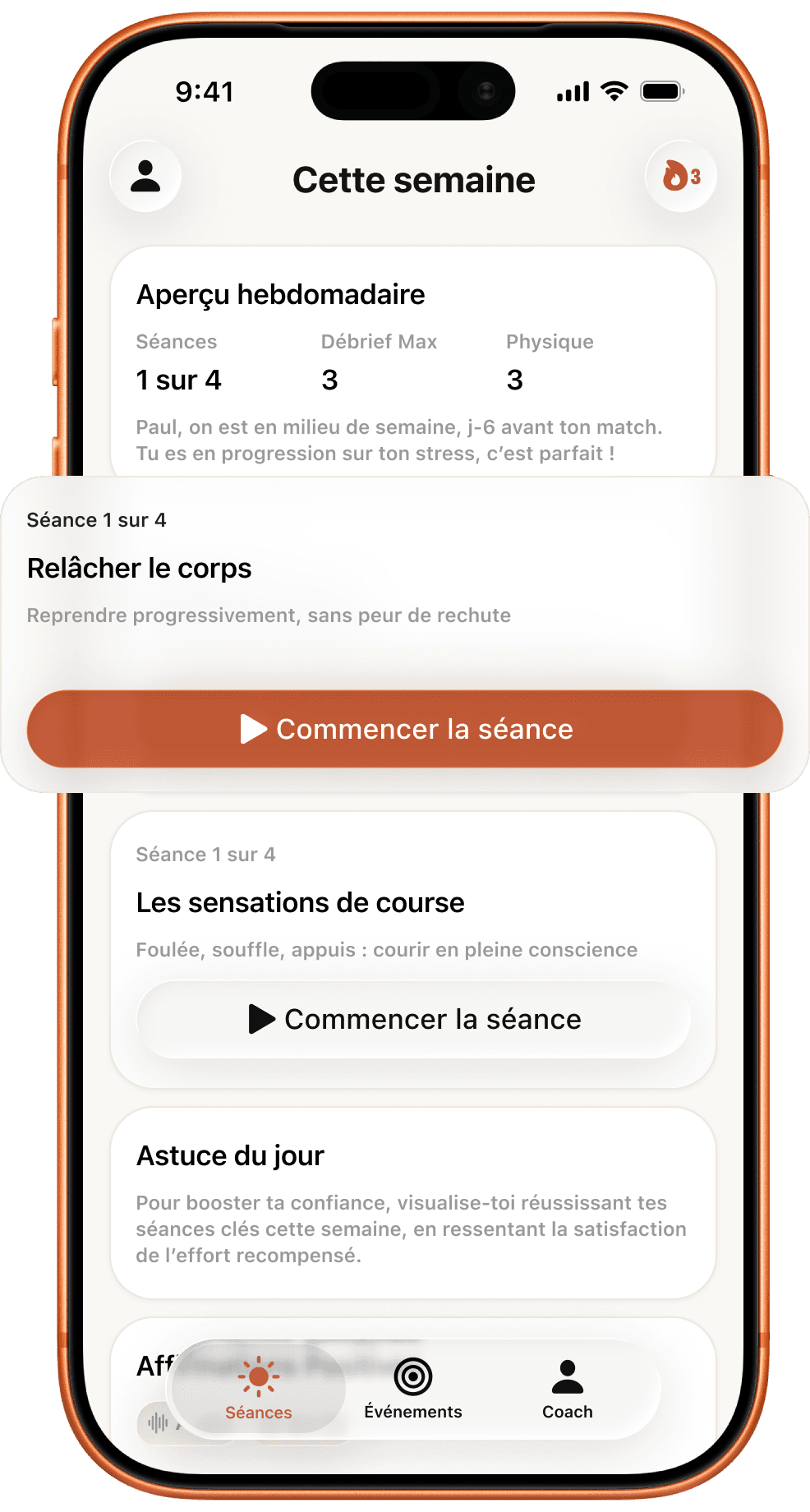 Écran Cette semaine Fokkus : séances de la semaine, débrief et astuce du jour